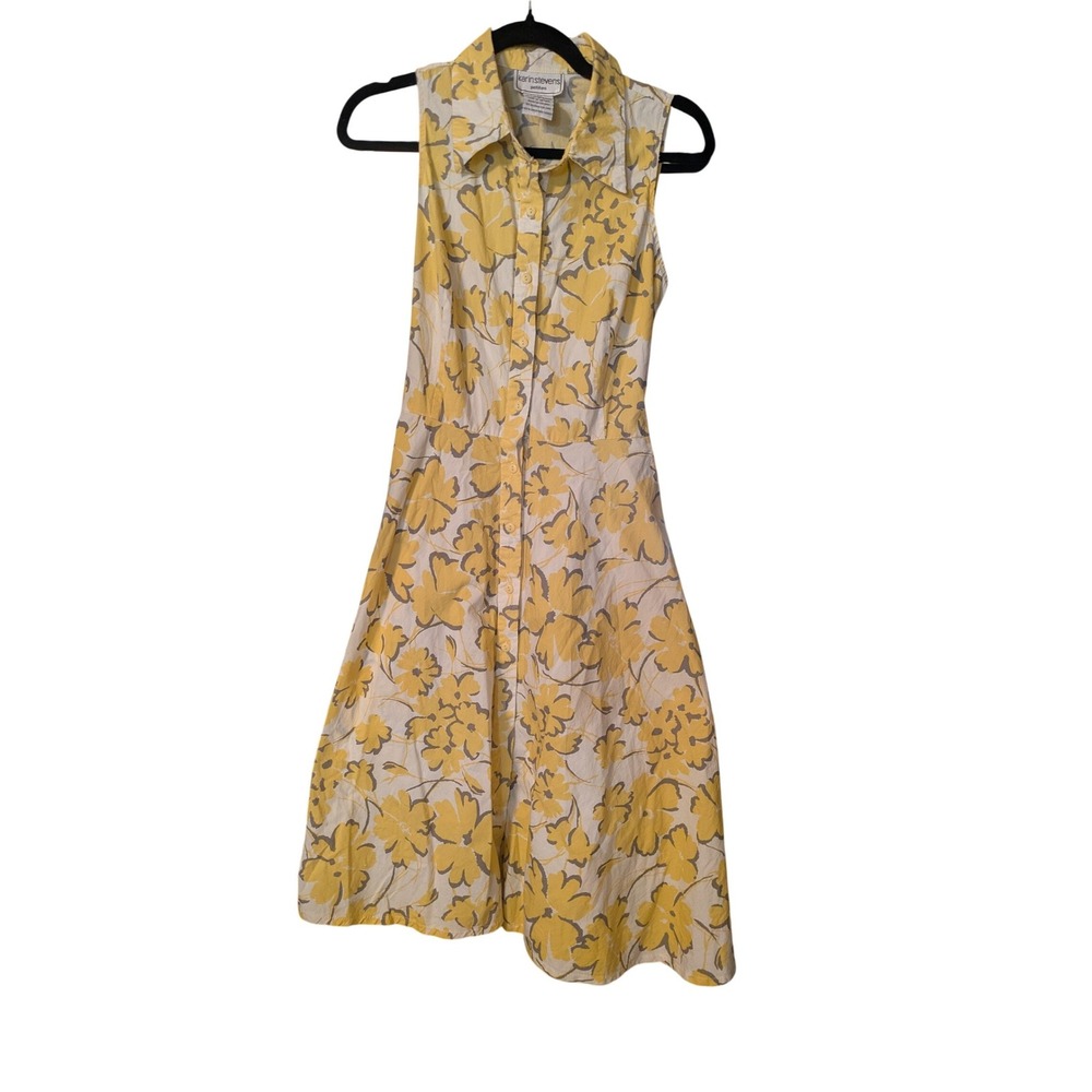 Karin Stevens Petites Yellow Floral Cotton Sleeveless Button Front Midi 10P - Picture 2 of 6